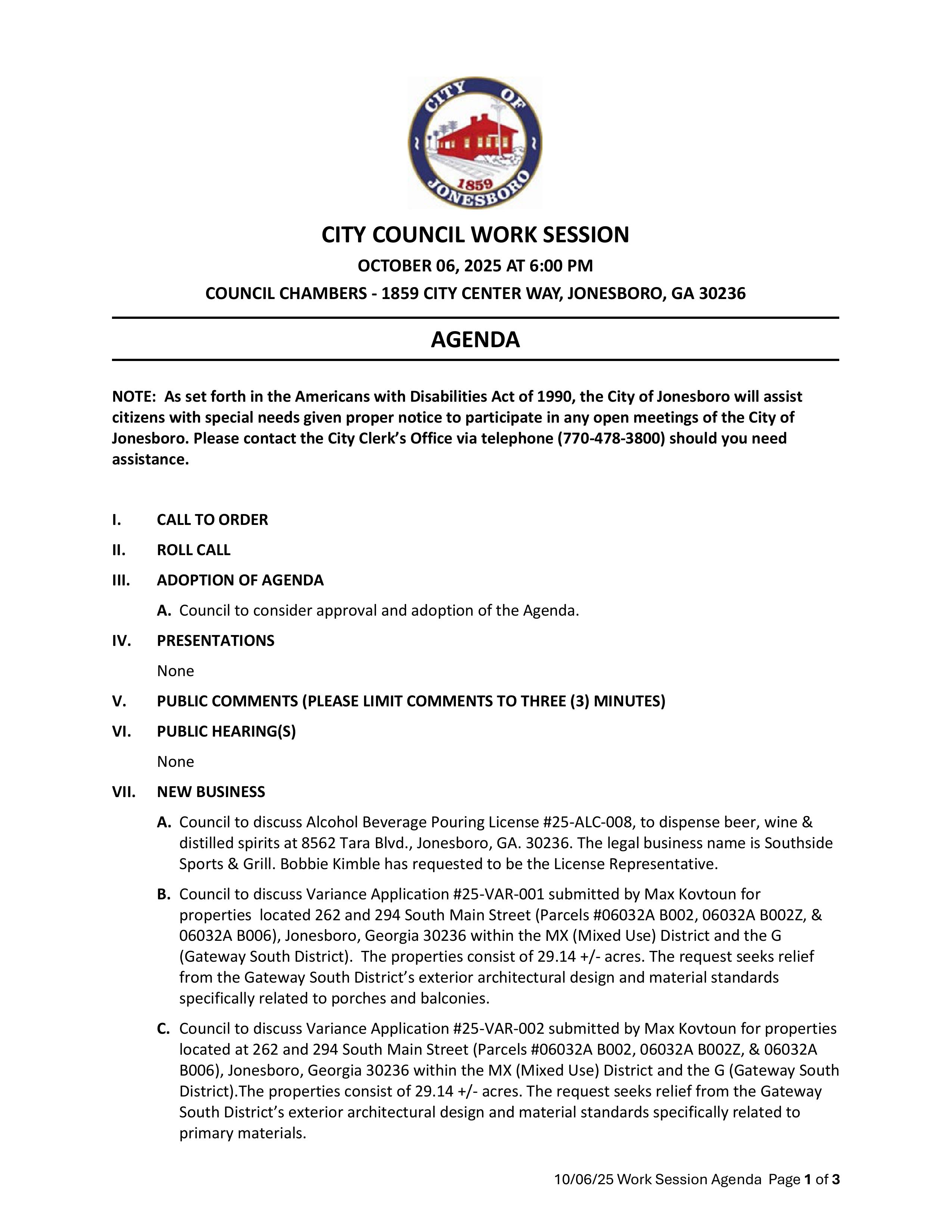 CITY COUNCIL WORK SESSION AGENDA OCTOBER 06, 2025 